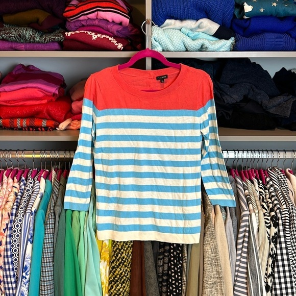 Talbots Sweaters - Talbots coral & white/blue striped 3/4 quarter length sleeve sweater size XS